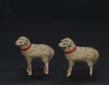 2 tiny German sheep, putz wooly, wood legs, compo body ~ 1920