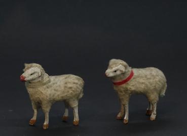 2 tiny German sheep, putz wooly, wood legs, compo body ~ 1920