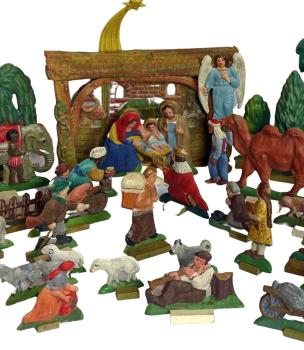 Hand-painted nativity scene made from embossed cardboard