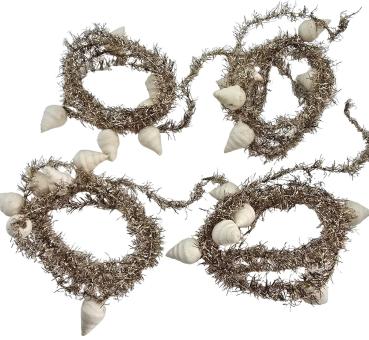 4 gold colored tinsel garlands with spun cotton icicles,  ca. 560 cm - ca. 1930