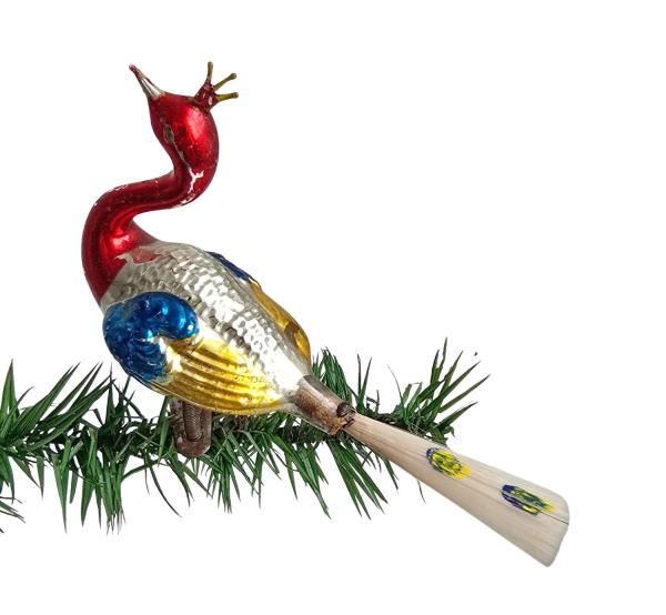 Glasornament,  Vogel / Pfau auf Zwicker, ~ 1930