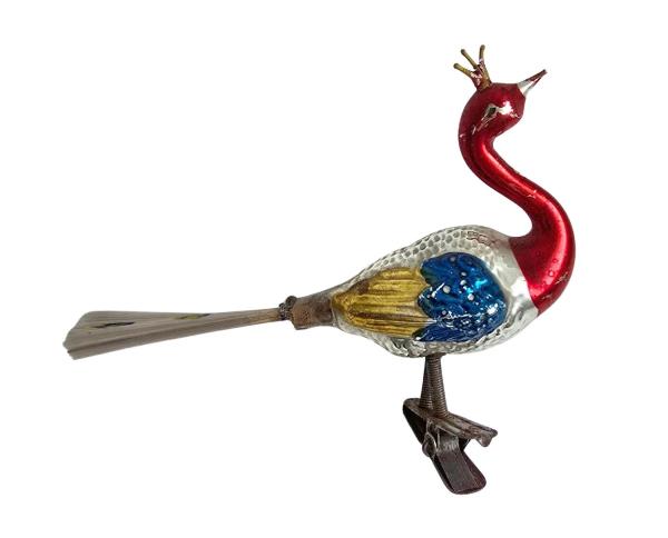 Glasornament,  Vogel / Pfau auf Zwicker, ~ 1930