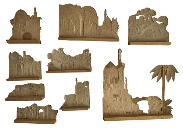 9 nativity scenes made of embossed lithographed cardboard, ~ 1900