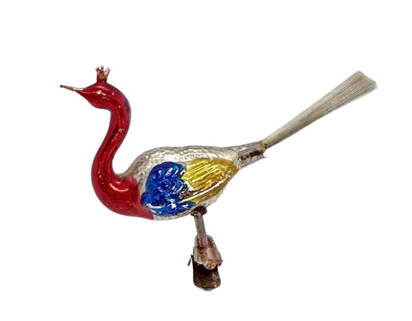 Glasornament,  Vogel / Pfau auf Zwicker, ~ 1930