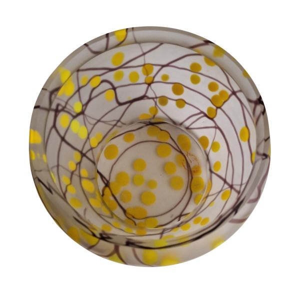 Art deco Glasvase mit gelben und braunen Einschmelzungen