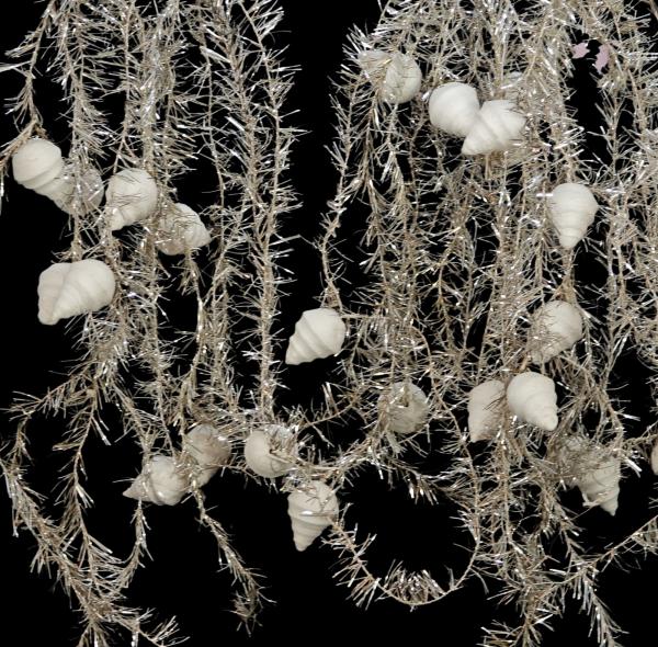 5 silver colored tinsel garlands with spun cotton icicles,  ca. 700 cm - ca. 1930