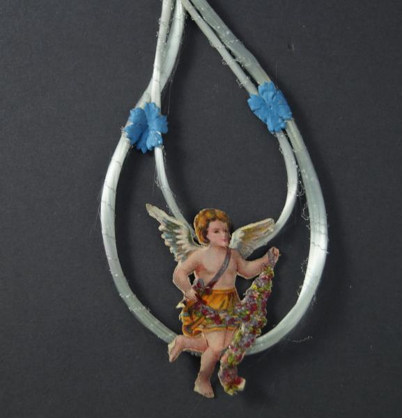 Spun glass ornament with angel scrap, ~ 1920