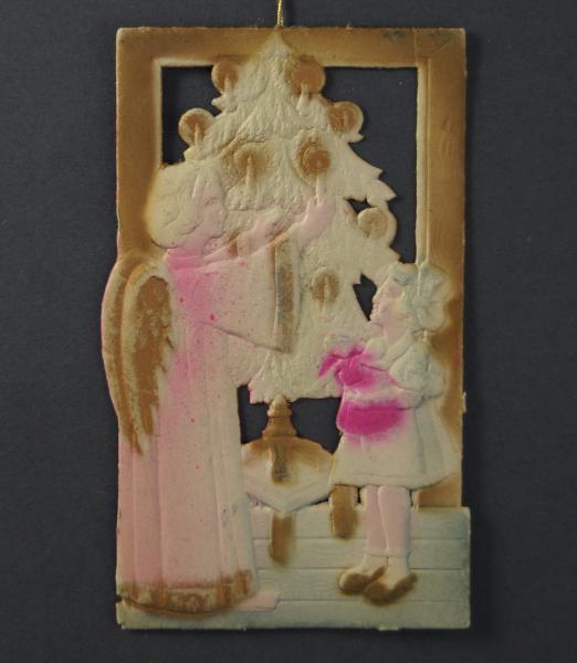 Kartonornament - Engel, Christbaum und Kind aus geprägter Pappe um 1920