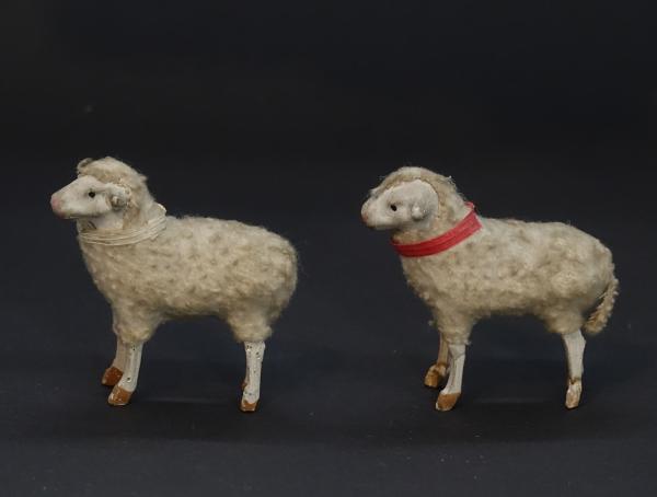 2 tiny German sheep, putz wooly, wood legs, compo body ~ 1920