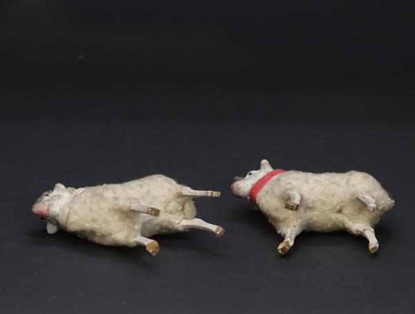 2 tiny German sheep, putz wooly, wood legs, compo body ~ 1920