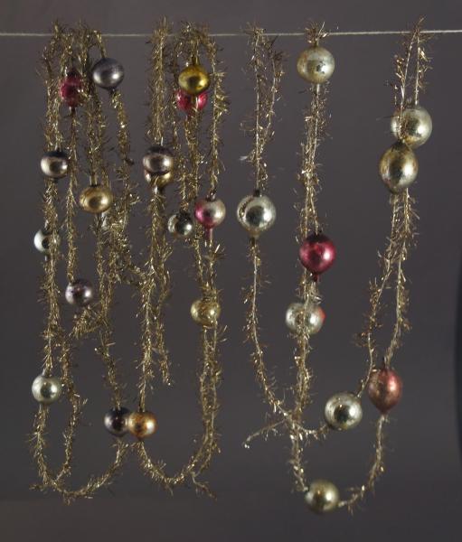 3 gold-colored Tinsel Garlands with glass Beads, ca. 420 cm