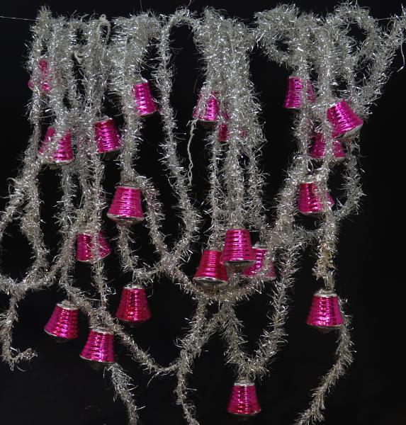 Siver colored tinsel garlands with glass bells,  ca. 520 cm