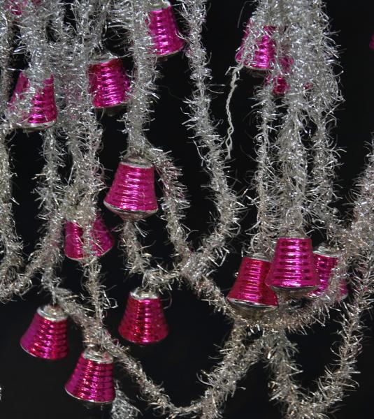 Siver colored tinsel garlands with glass bells,  ca. 520 cm