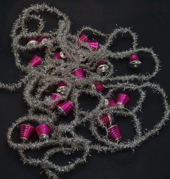 Siver colored tinsel garlands with glass bells,  ca. 520 cm