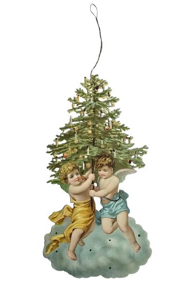 Engel mit Christbaum, geprägte Pappe um 1900