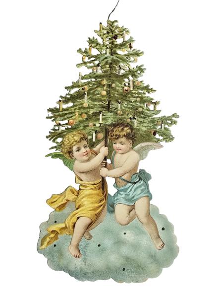 Engel mit Christbaum, geprägte Pappe um 1900